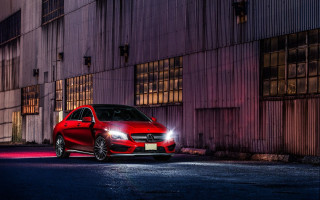 Red car night city street - its headlight free wallpaper