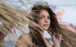 Woman longhair pinkumbrella serious artimpressionist - long hair holding free wallpaper