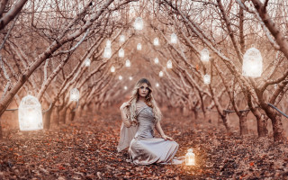 Woman forest lantern autumn dress - a woman in a dress free wallpaper