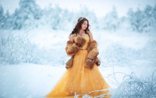 Woman yellow dress teddy snowy - a yellow dress holding free wallpaper