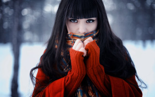 Woman black hair red sweater - winter free wallpaper for desktop