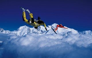 Snowboarders flying clouds mountains illustration - fabien charuau free wallpaper