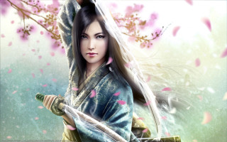 Woman sword cherry blossoms anime - a woman holding free wallpaper