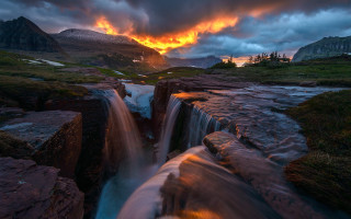 Waterfall sunset clouds mountains nightscape - a mountain range in the distance free wallpaper
