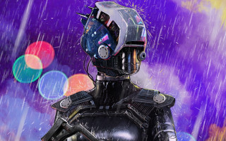 Futuristic man rain cyberpunk city - cybernetic free wallpaper