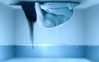 Woman floating pool hair air - surrealism free wallpaper