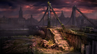 Bridge man city red sky - matte painting concept art free wallpaper