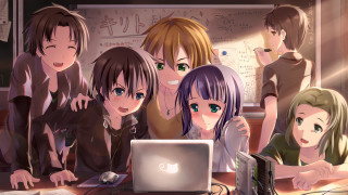 Group people laptop whiteboard anime - a group of people sitting free wallpaper