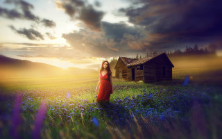 Woman red dress field cabin - sunset free wallpaper