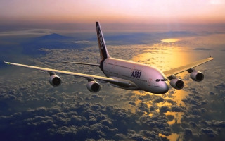 Jetliner cloudy sky sunset ocean 2 - matte painting free wallpaper
