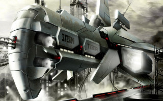Futuristic plane city skyline damaged - digital art free wallpaper for desktop