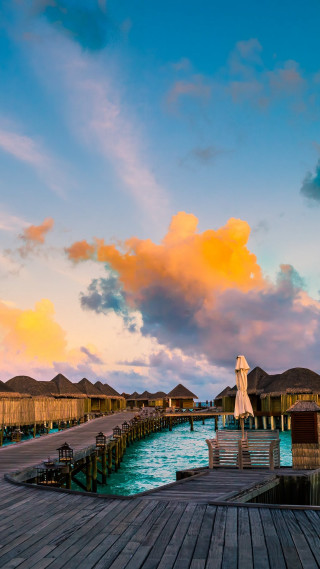 Dock umbrella chairs sunset cloudy - don arday free wallpaper