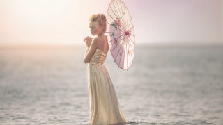 Woman dress umbrella water sunset - an impressionist painting free wallpaper