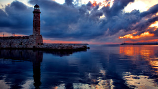 Lighthouse water mountain sunset clouds - exekia free wallpaper