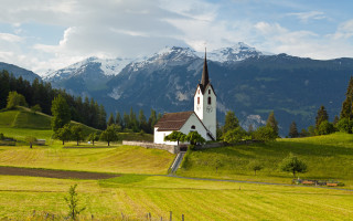 Church green field mountains blue 3 - a green field free wallpaper