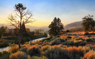 River forest mountains sunset autumn - a mountain range in the background free wallpaper