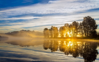 Sunset lake trees fog reflection - sunrise free wallpaper