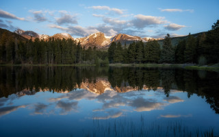 Mountain reflection lake trees clouds 9 - a matte painting free wallpaper for desktop