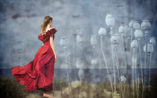 Woman red dress flower water - surreal photography free wallpaper