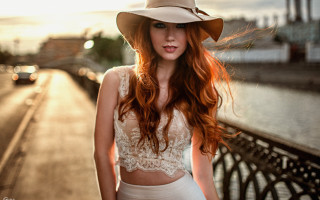 Red haired woman bridge water - a white top free wallpaper