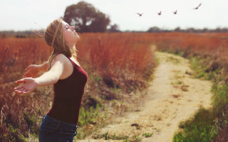 Woman field birds outstretched denim - overhead in the distance free wallpaper