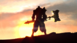 Silhouette sword dog sunset desert - the sun in the background free wallpaper