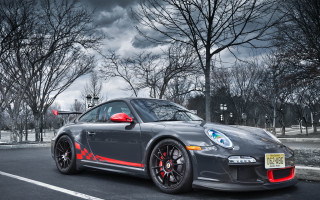 Grey sports car street trees - a cloudy sky in the background free wallpaper