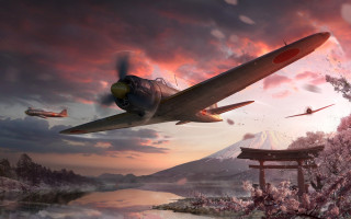 Plane lake pagoda mountain sunset - game art free wallpaper