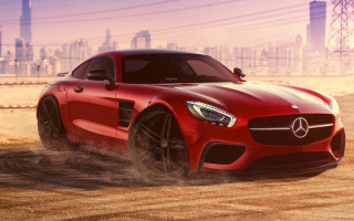 Red mercedes sports car dirt - a city skyline free wallpaper