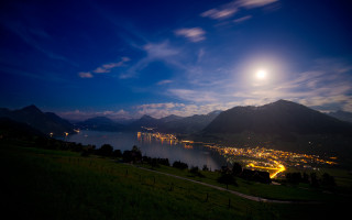 Full moon lake mountains cityscape - moonlight free wallpaper