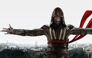 Man costumed sword city white - his hand and a city in the background free wallpaper