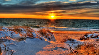 Sunset ocean beach snow grass - the shore of the ocean free wallpaper
