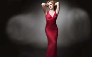 Elegant blonde woman reddress windpose - the wind free wallpaper