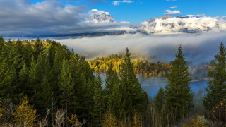 Forest lake mountain clouds sunset - a mountain in the distance free wallpaper
