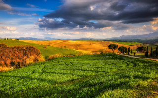 Green field road clouds mountains - impressionist free wallpaper