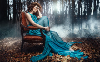 Woman blue dress forest fog - gothic free wallpaper