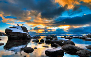 Birds rocks water beach snow - the water near a beach free wallpaper