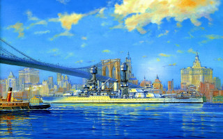 City bridge water boat painting - matte drawing free wallpaper