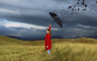 Woman red coat umbrella field - surreal photography free wallpaper