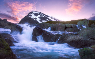 Mountain waterfall sunset pink sky - a pink sky above free wallpaper