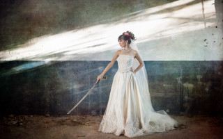 Wedding dress woman sword beach - a shadow of a tree free wallpaper