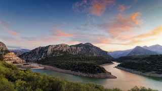 River forest hills mountains sunset - alen divi free wallpaper