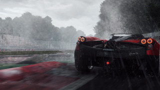 Red sports car rainy road - a wet road in the rain free wallpaper