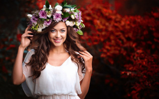 Woman flower crown tree red - red leaf free wallpaper