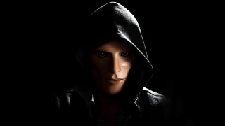 Hooded man portrait dark background 2 - realistic shaded perfect face free wallpaper