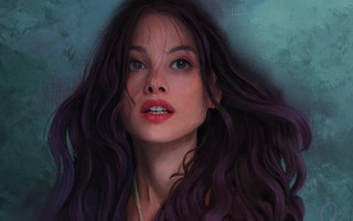 Woman longhair necklace greenbackground bluetablet - a painting of a woman free wallpaper