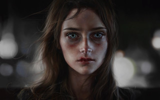 Woman bloody face blue eyes - photorealistic portrait free wallpaper