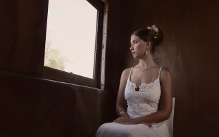 Woman white dress sitting window 4 - outside free wallpaper
