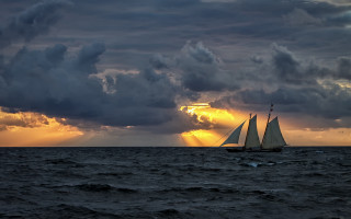 Sailboat ocean sunset clouds mattepainting - stormy weather free wallpaper