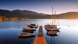 Lake dock boats mountains sunset 2 - antoni pitxot free wallpaper